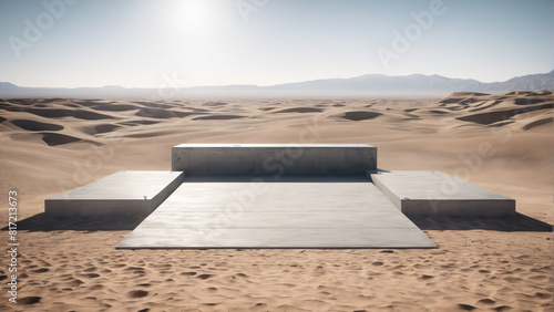 Product podium made of concrete in the middle of a desert. Highly detailed and realistic illustration