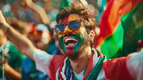 Euphoric Italian soccer fan celebrates with vibrant face paint, embracing team spirit and camaraderie at a lively stadium photo