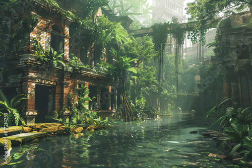 Immerse viewers in a CG 3D urban jungle, offering a virtual reality expedition with unexpected camera angles to reveal hidden city gems