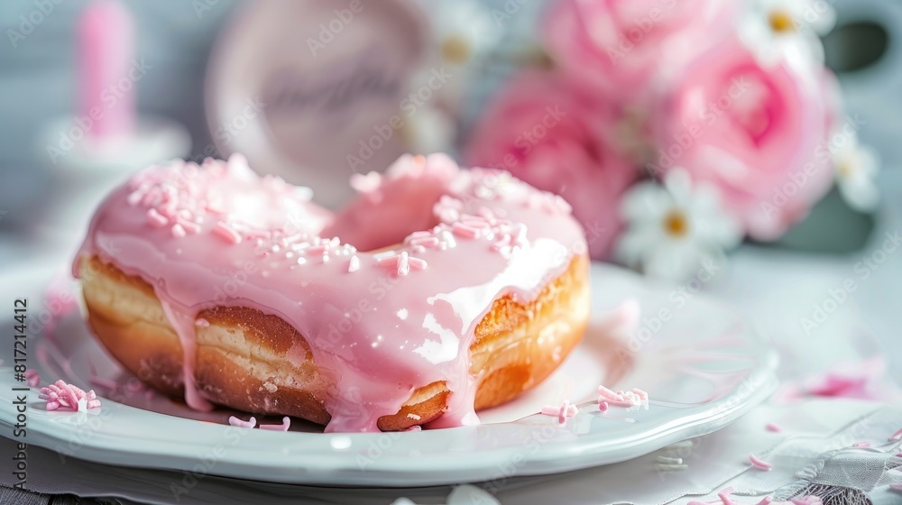 A heart shaped donut topped with a pink glaze sits elegantly on a white plate creating a festive backdrop perfect for Valentine s Day Mother s Day or birthday celebrations A heart shaped donut topped with a pink glaze sits elegantly on a white plate creating a festive backdrop perfect for Valentine s Day Mother s Day or birthday celebrations