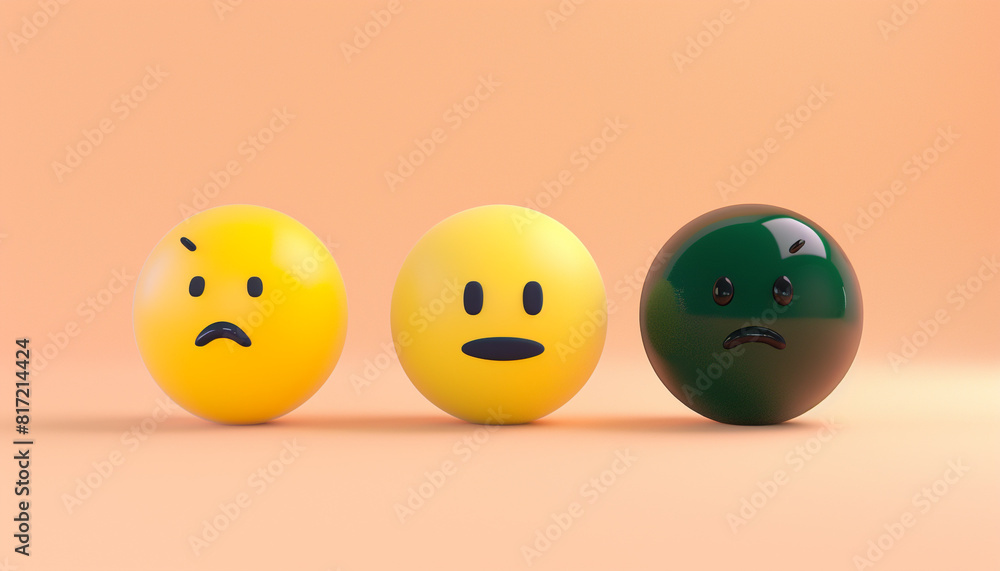 A minimalist 3D of three emojis: a yellow accepting, a navy bewildered, and a forest green cautious emoji, all on a solid peach background. A minimalist 3D of three emojis: a yellow accepting, a navy bewildered, and a forest green cautious emoji, all on a solid peach background.