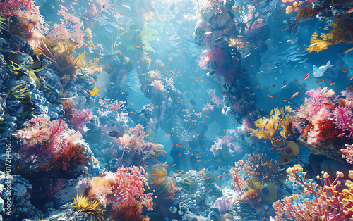 Craft a captivating birds-eye view of an otherworldly marine realm