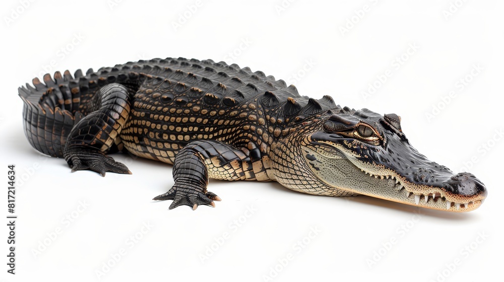 Naklejka premium Close up of cheerful and amusing crocodile with a smile on plain white background
