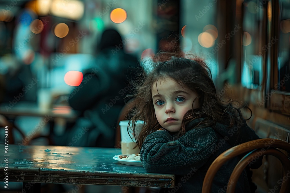 A young girl sits at a table with a plate of food in front of her. She looks sad and is staring off into the distance A young girl sits at a table with a plate of food in front of her. She looks sad and is staring off into the distance