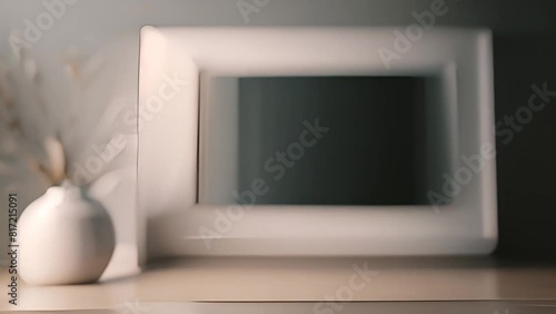 White Frame and Vase on Wooden Table Generative AI
