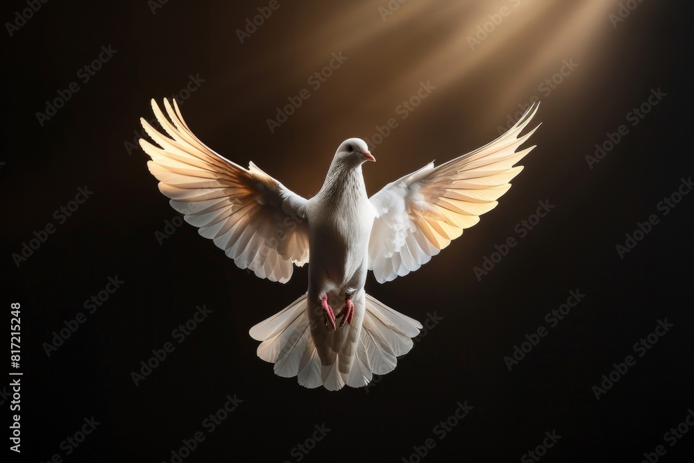 Fototapeta premium A White Dove With Open Wings Flying On a Black Background With A Warm Light Shining Above It