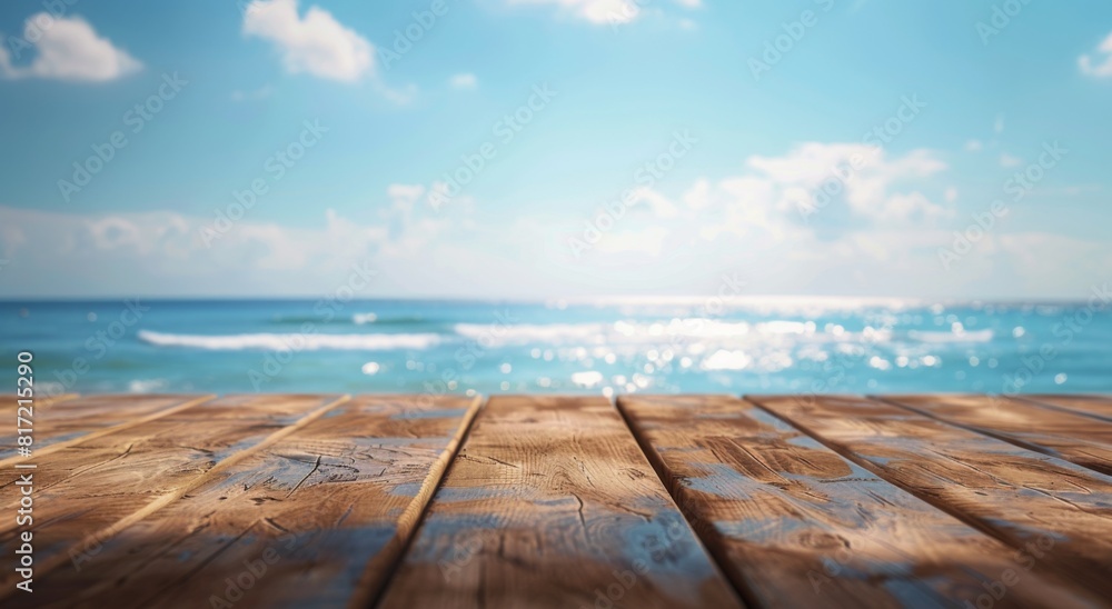Empty wooden table top with blurred bokeh background of blue sky and sea, summer vacation concept. 