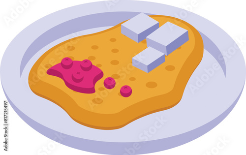 Vibrant and creative isometric pancake breakfast illustration with syrup, butter, and berries on a plate, isolated on a colorful design, perfect for culinary, cuisine, and foodrelated projects