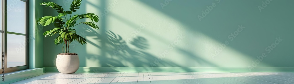 Bright and minimalist entryway with a pastel green wall, welcoming and spacious