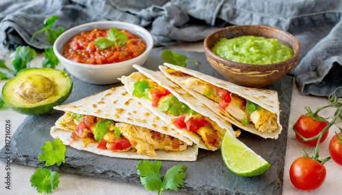 Mini chicken quesadillas made at home with salsa and guacamole.