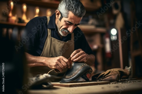 shoemaker working with tongs in his workshop photo