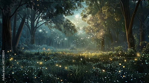 A tranquil forest glade illuminated by the soft glow of fireflies, with a canopy of stars twinkling overhead. photo