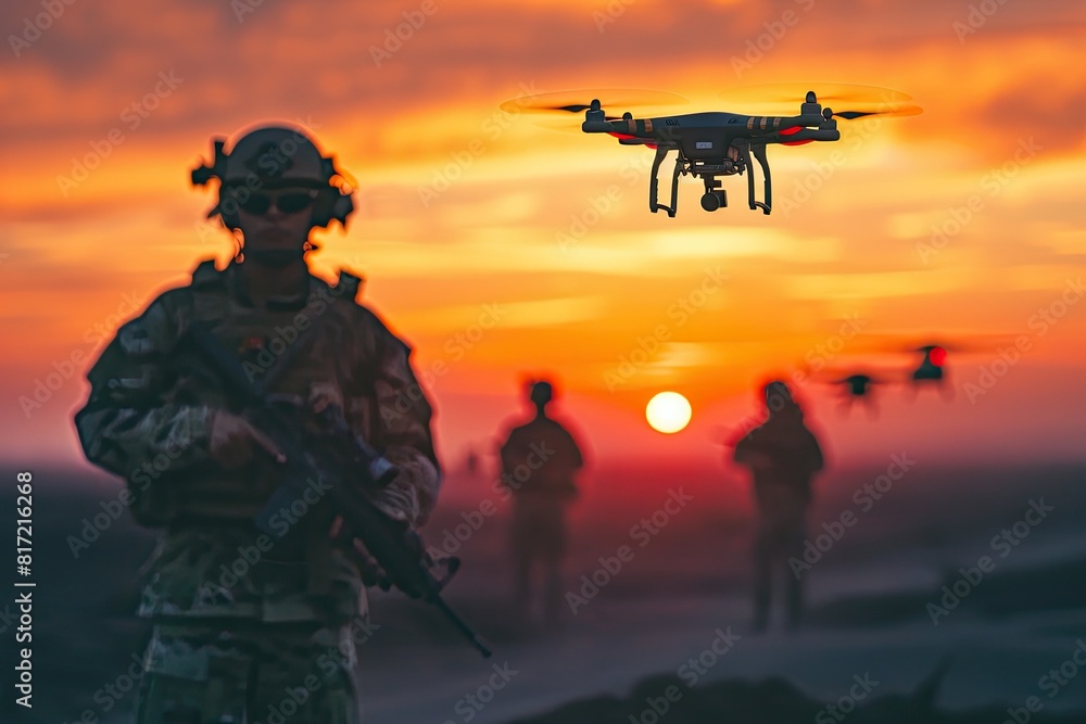 A man in a military uniform stands in front of a sunset, with a drone flying in the background A man in a military uniform stands in front of a sunset, with a drone flying in the background
