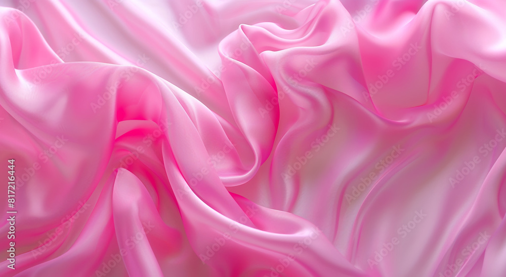 Obraz premium Beautiful pastel pink background, pink silk fabric background and wavy folds of silk satin texture, top view