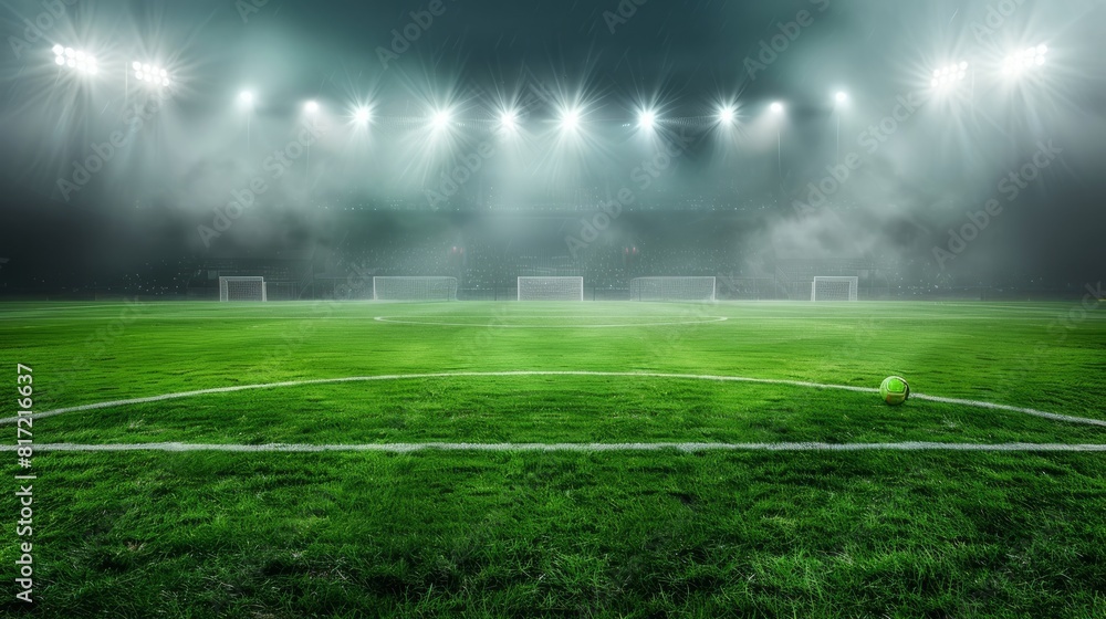 Obraz premium green soccer field under the glow of spotlights, the background of the winners