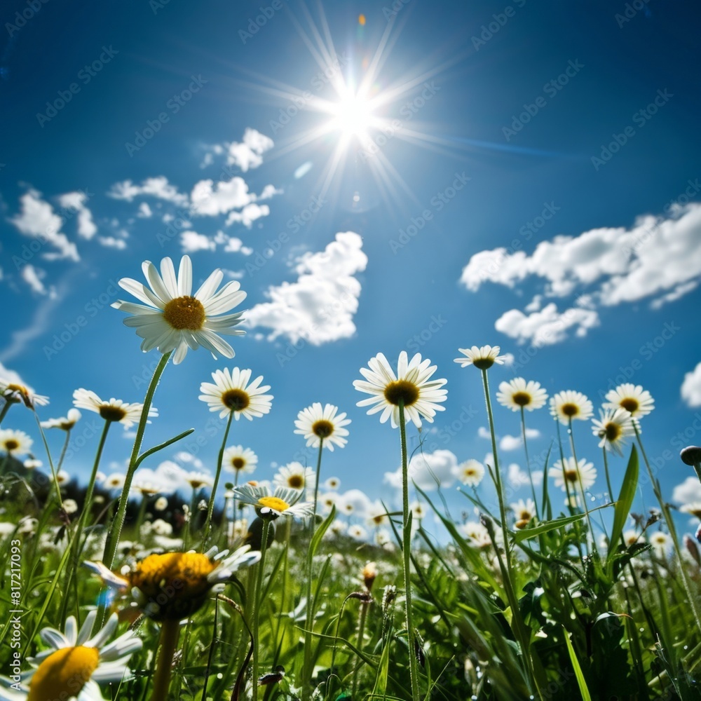 Vibrant Sunny Day with Blossoming Daisies in a Lush Meadow Under Blue Sky Vibrant Sunny Day with Blossoming Daisies in a Lush Meadow Under Blue Sky