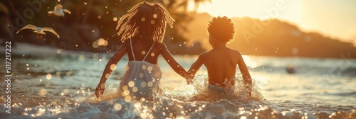 African siblings enjoy vacation, splashing in the ocean, embodying childhood freedom and happiness. photo