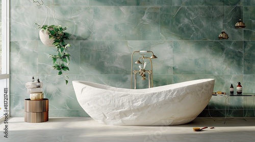 Salle de bain avec baignoire en pierre blanche, murs en carrelage vert et accessoires en cuivre photo