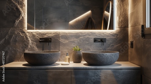 Salle de bain épurée avec double vasque en pierre grise, miroir sans cadre et éclairage indirect photo