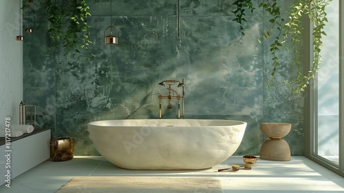 Salle de bain avec baignoire en pierre blanche, murs en carrelage vert et accessoires en cuivre photo