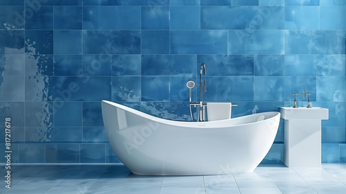 Salle de bain luxueuse avec baignoire autoportante blanche, murs en carrelage bleu et accessoires en chrome photo