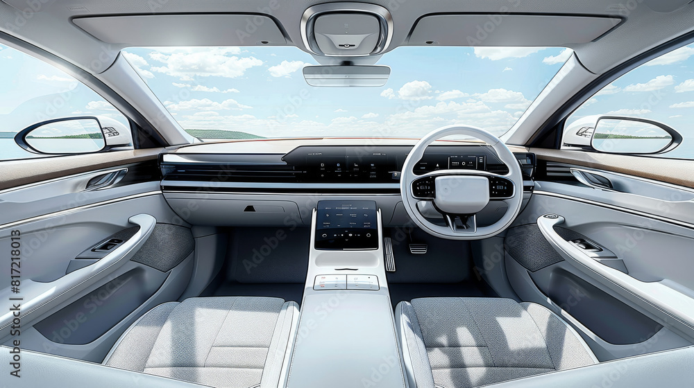 Obraz premium The interior of the car is designed, cleanly, with a large screen in the center of the dashboard, a simple round steering wheel and a low back seat made of light gray fabric. Generative AI.