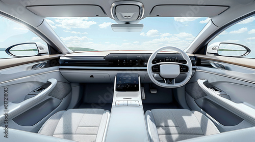 The interior of the car is designed, cleanly, with a large screen in the center of the dashboard, a simple round steering wheel and a low back seat made of light gray fabric. Generative AI.