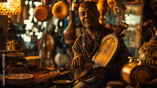 The picture of the ethnomusicologist holding the traditional guitar inside workshop that has been filled with musical instrument, ethnomusicologist require knowledge of world music and culture. AIG43. photo