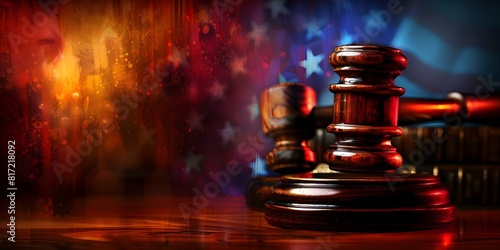American courtroom with judges mallet flag and sense of justice. Concept Courtroom Decor, Legal Profession, Symbolism in Court, Judicial System, Law and Order