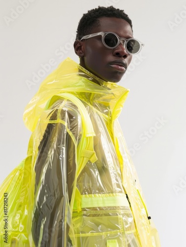 moda urbana sostenible gorpcore, streetwear cambio climÃ¡tico, chaqueta de plÃ¡stico transparente, vestuario futurista con prendas recicladas photo