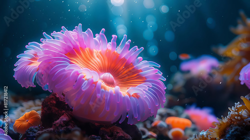 Utilize a marine life theme to depict the defensive mechanisms of sea anemones, emphasizing selective focus and their protective role for symbiotic partners photo