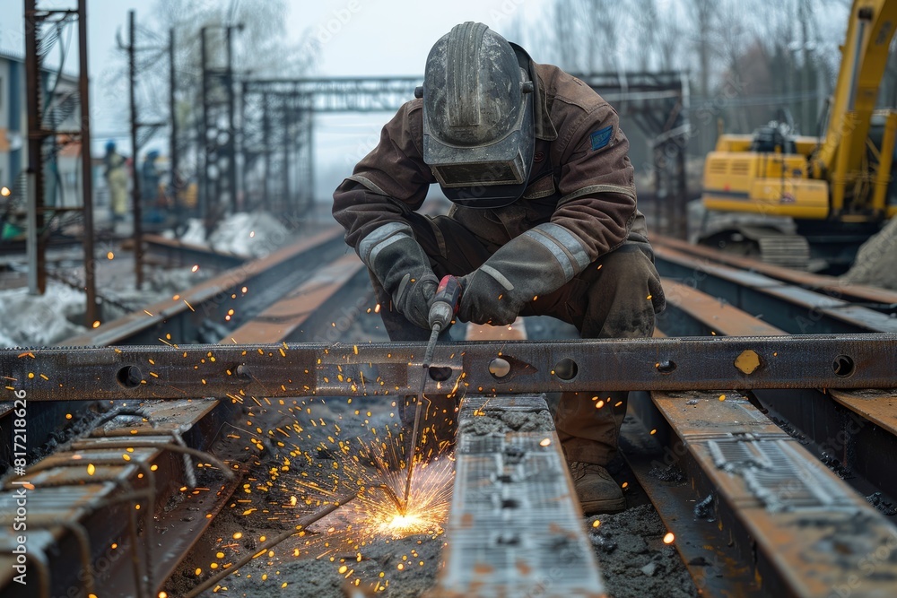 A man in a hard hat is working on a railroad track. Concept of hard work and dedication, as the man is focused on his task despite the challenging conditions A man in a hard hat is working on a railroad track. Concept of hard work and dedication, as the man is focused on his task despite the challenging conditions
