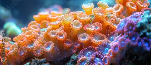 Fototapeta Naklejka Na Ścianę i Meble -  Showcase coral polyps as the foundation of reef ecosystems, highlighting their role in biodiversity against a realistic backdrop of reef construction, with an overlay of a coral reef colony.