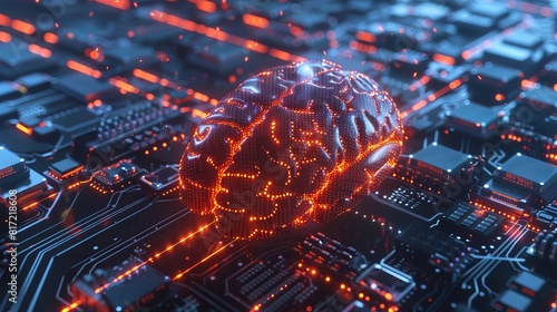Exploration of artificial intelligence, machine learning, neural networks, and other modern technologies, symbolized by a brain with a printed circuit board design.