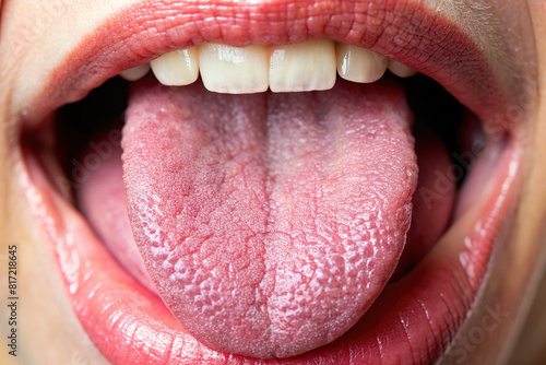 Close-up of a human tongue, showcasing taste buds and texture  photo