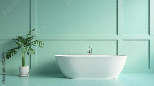 Frontal capture of a pastel green wall in a bathroom  highlighting cleanliness and space