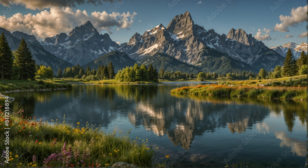 Fototapeta premium Very beautiful mountain lake in the green mountains
