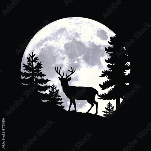deer stag silhouette by full moon in forest background
