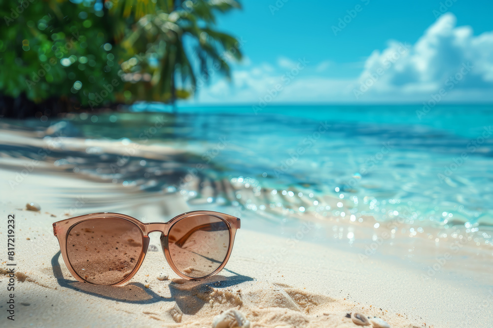 Beach scene with sunglasses on sand reflecting the clear blue sky, tropical background softly blurred. AI generated. Beach scene with sunglasses on sand reflecting the clear blue sky, tropical background softly blurred. AI generated.