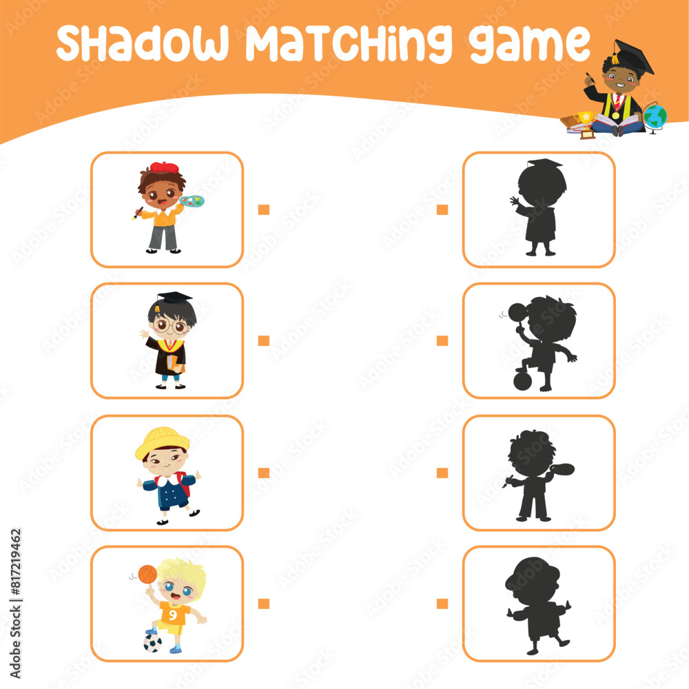 Find the correct shadow. Match the image with the shadow. Worksheet for kid. Educational printable worksheet. Find the correct shadow. Match the image with the shadow. Worksheet for kid. Educational printable worksheet.