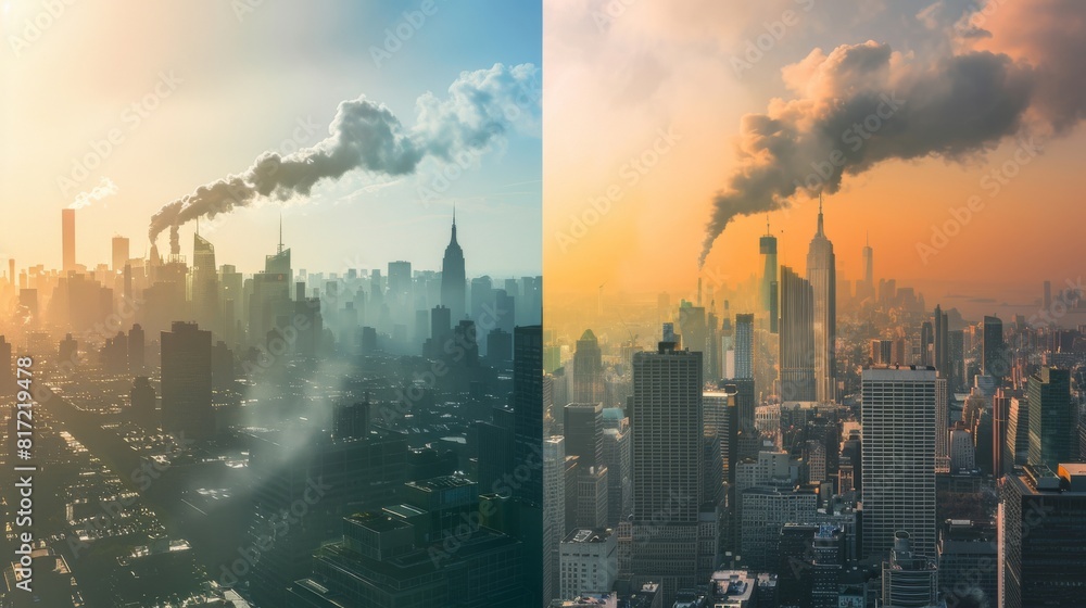 A city skyline with heavy pollution, and a skyline with green spaces and clear air. A city skyline with heavy pollution, and a skyline with green spaces and clear air.