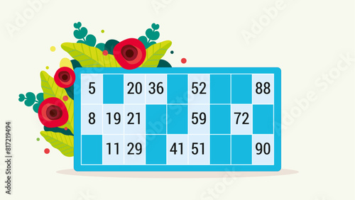 
Titre : Illustration colorée d'un carton de tombola loto bleu décoré de coquelicots rouges, jeu de hasard et de chance, bouquet de fleurs printanières avec de belles feuilles vertes, jeu loterie pour