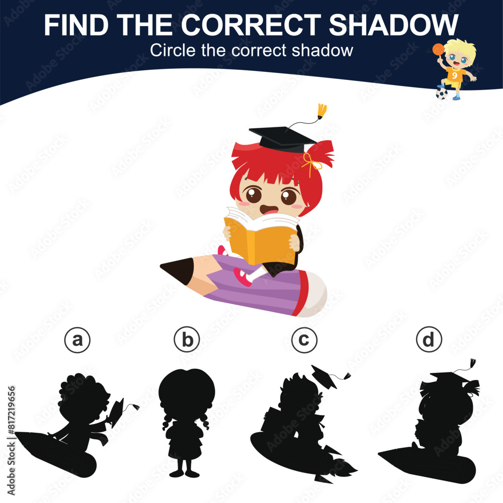 Find the correct shadow. Match the image with the shadow. Worksheet for kid. Educational printable worksheet. Find the correct shadow. Match the image with the shadow. Worksheet for kid. Educational printable worksheet.