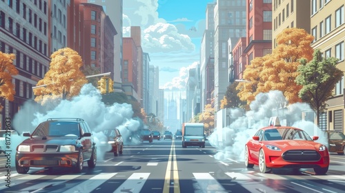 A city street with gasoline-powered vehicles and pollution, and a street with electric vehicles and no pollution. photo