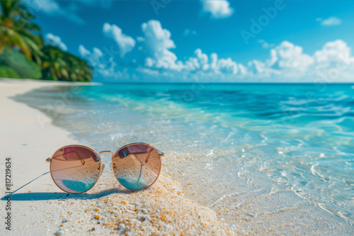 Sunglasses on sandy beach with soft focus on a tropical beach and sky reflection. AI generated.