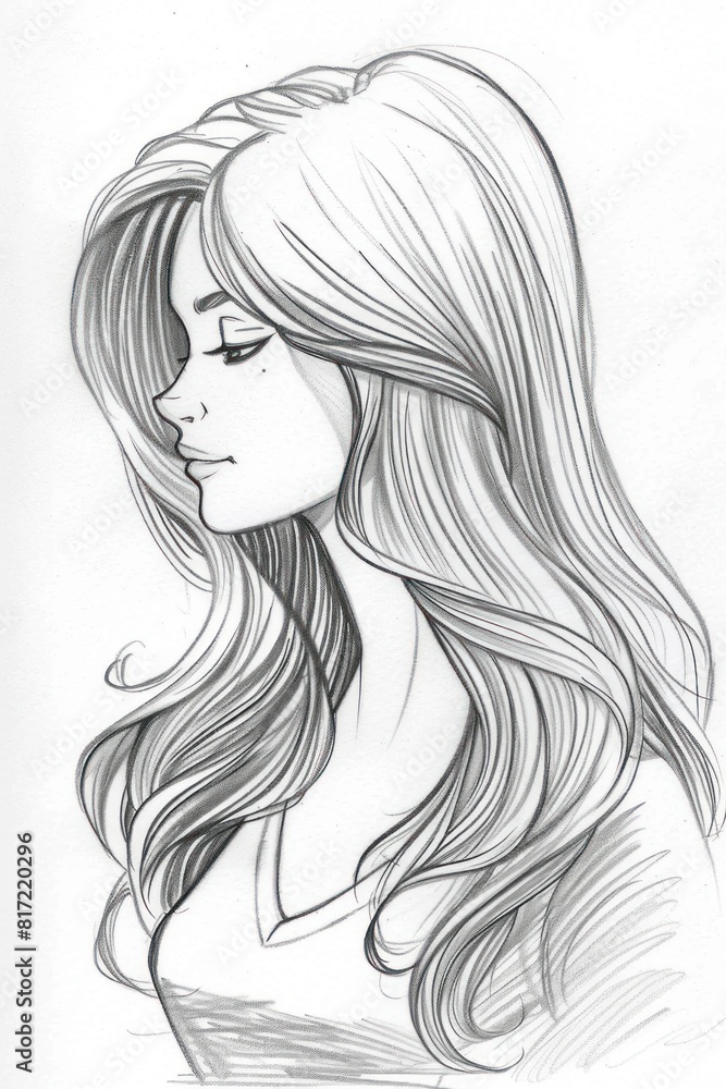 Pencil sketch of a girl with long hair looking to the side. Pencil sketch of a girl with long hair looking to the side.