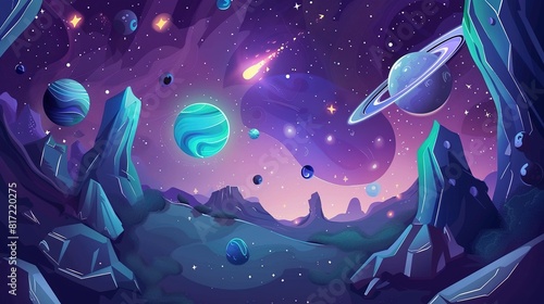 An enchanting space odyssey  exploring planets in a vibrant galaxy
