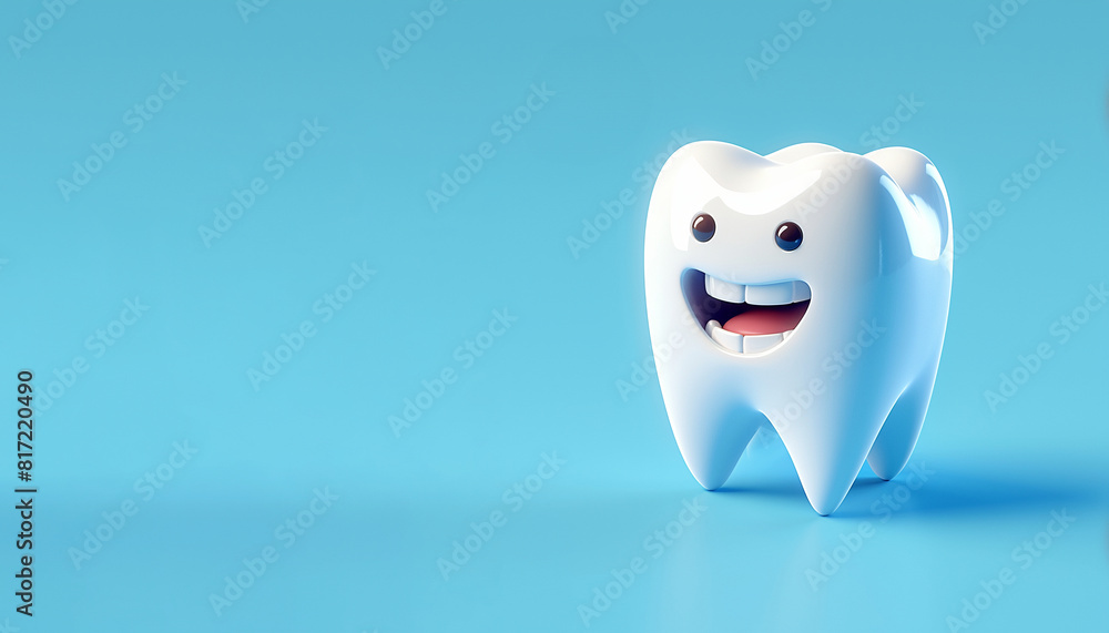 3d render of smiling cartoon tooth on blue background 3d render of smiling cartoon tooth on blue background