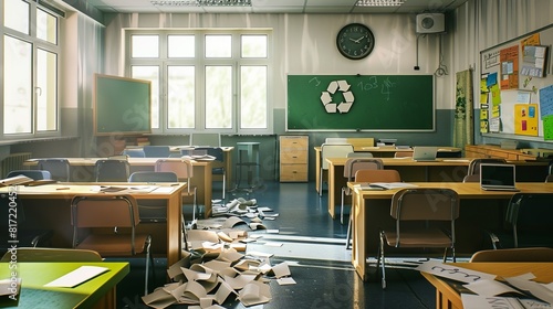 A classroom with paper waste and no recycling bins, contrasted with a classroom with recycling stations and digital textbooks. photo