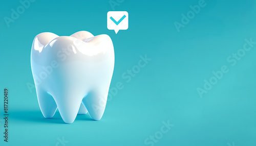 3d rendered illustration of healthy tooth with checkmark on blue background